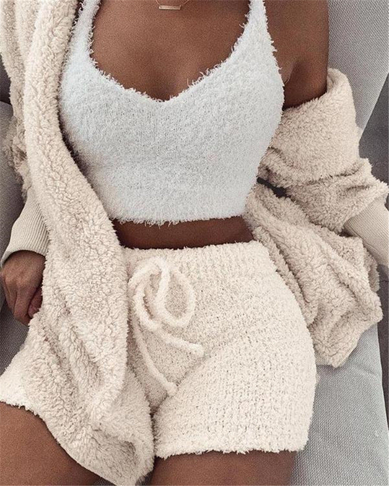 3pcs Womens Clothing Long Sleeve Crop Tank Top And Drawstring Shorts Pajama Set - Viral Pulse