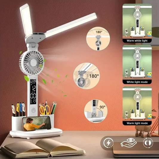 Foldable LED Table Light Eye Protection Multifunction Desk Lamp With Thermometer Calendar Fan Pen Holder Study Reading Fan Light - Viral Pulse